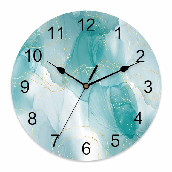 10 Inch Teal Marble Wall Clock, Golden Lines Modern Abstract Teal Ombre Battery Operated Silent Non Ticking Clocks, Easy to Read Round Wall Clock for Kitchen/Living Room/Bedroom/Bathroom
