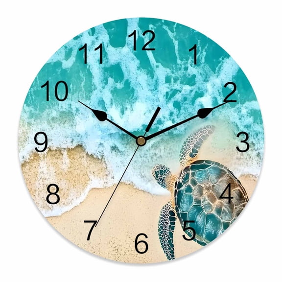 10 Inch Teal Sea Turtle Wall Clock, Beach Ocean Wave Summer Coastal Battery Operated Silent Non Ticking Clocks, Easy to Read Round Wall Clock for Kitchen/Living Room/Bedroom/Bathroom