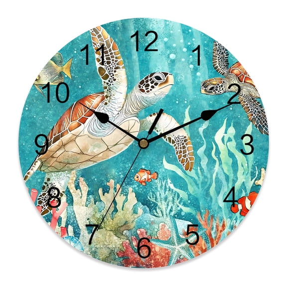 10 Inch Teal Sea Turtle Wall Clock, Retro Ocean Fish Seashell Coral Nautical Battery Operated Silent Non Ticking Clocks, Easy to Read Round Wall Clock for Kitchen/Living Room/Bedroom/Bathroom