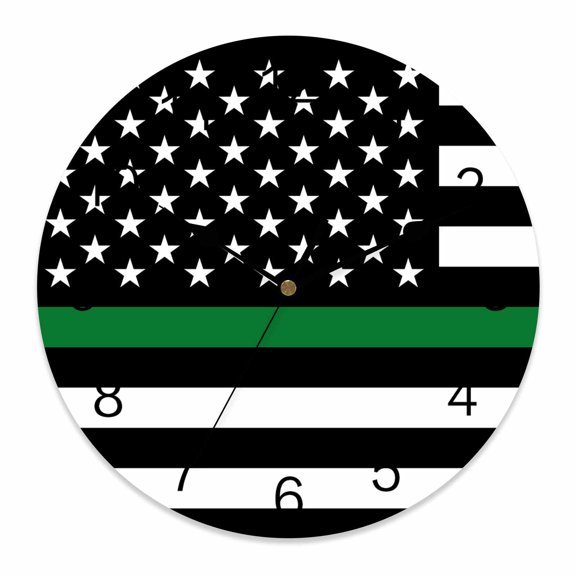 10 Inch Thin Green Wall Clock, Line Flag Border Patrol, Park Ranger and Conservation Officer Battery Operated Silent Non Ticking Clocks, Easy to Read Round Wall Clock for Kitchen/Living Room/Bedroom