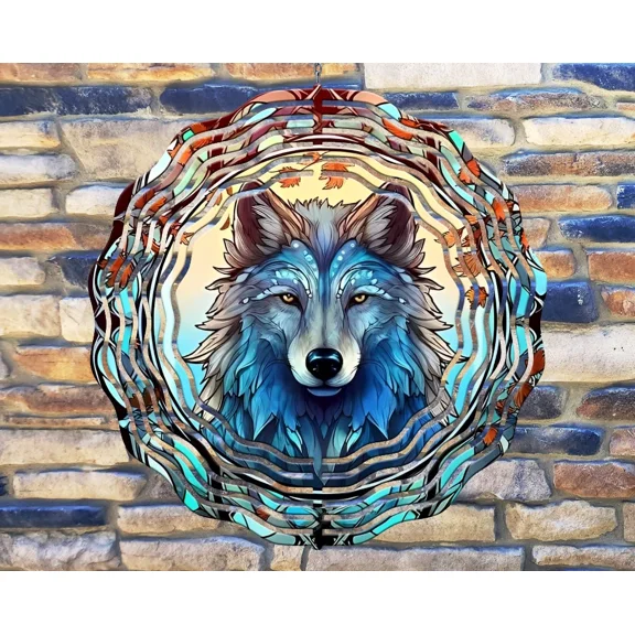 10 Inch Timber Wolf Stained Glass Look Hanging Wind Spinner Garden Yard 10rws-045