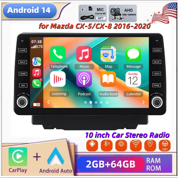 10 Inch Touchscreen Android 14 Car Stereo for Mazda CX-5 CX-8 2016-2020 Low Trim (LHD), Quad-Core 2GB RAM+64GB ROM Radio Built-in Wireless CarPlay & Android Auto, with AHD Backup Camera & Mic