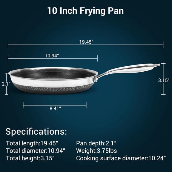 10 Inch Tri-Ply Stainless Steel Hybrid Frying Pan with Lid - Ceramic Nonstick Skillet, Induction & Oven Safe 600 ° F, PFAS/PFOA Professional Clad Cookware