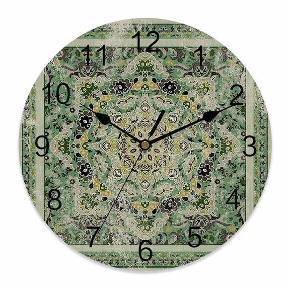 10 Inch Turkish Boho Wall Clock, Green Wallpaper Murals Retro Medieval Battery Operated Silent Non Ticking Clocks, Easy to Read Round Wall Clock for Kitchen/Living Room/Bedroom/Bathroom