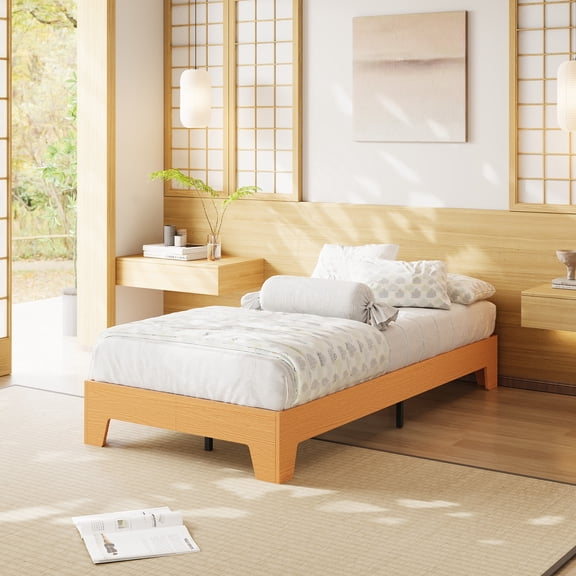 10 Inch Twin/Twin XL/Full/Queen/King/California King Size Wood Platform Bed with Wooden Slats, Nature Platform Bed Frame, No Box Spring Needed, Easy Assembly, Minimalist Bedroom Furniture