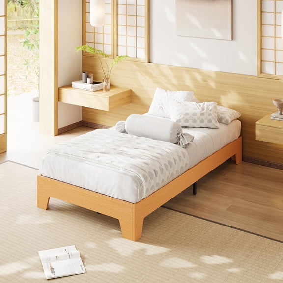 10 Inch Twin/Twin XL/Full/Queen/King/California King Size Wood Platform Bed with Wooden Slats, Nature Platform Bed Frame, No Box Spring Needed, Easy Assembly, Minimalist Bedroom Furniture