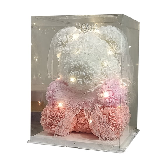 10 Inch Valentine's Day Rose Teddy Bear with 3M LED String Lights, Fully Assembled Artificial Flower Bear in Transparent Gift Box, Romantic Stuffed Animal Gift for Her