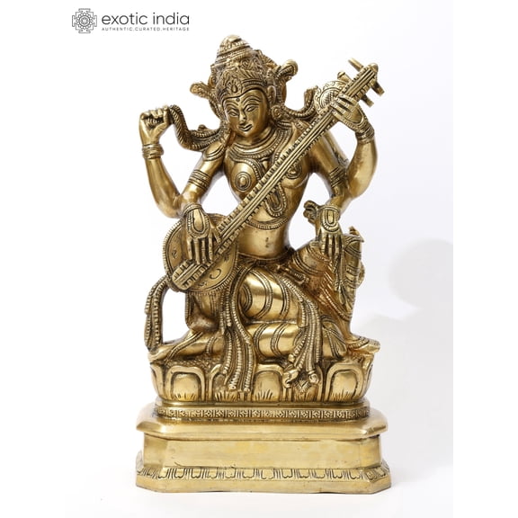 10 Inch Veenavadini Saraswati Playing Veena Brass Statue - Musical Wisdom
