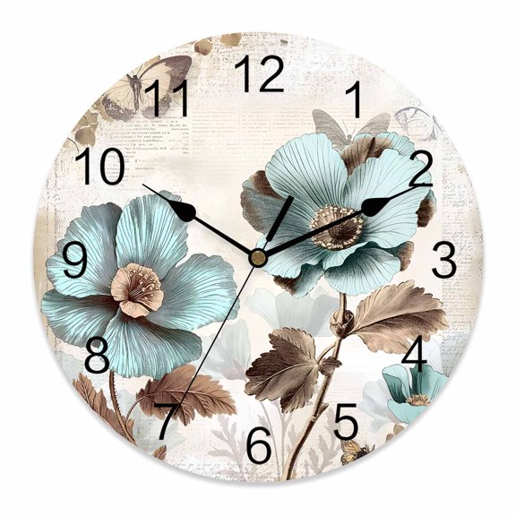 10 Inch Victorian Style Broccoli Butterfly Wall Clock, Blue Flowers Plant Battery Operated Silent Non Ticking Clocks, Easy to Read Round Wall Clock for Kitchen/Living Room/Bedroom/Bathroom