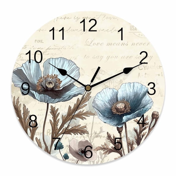 10 Inch Victorian Style Poppy Wall Clock, Blue Flowers Plant Battery Operated Silent Non Ticking Clocks, Easy to Read Round Wall Clock for Kitchen/Living Room/Bedroom/Bathroom