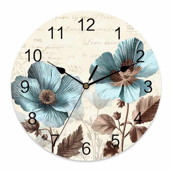 10 Inch Victorian Style Wall Clock, Blue Retro Poppy Flower Plant Battery Operated Silent Non Ticking Clocks, Easy to Read Round Wall Clock for Kitchen/Living Room/Bedroom/Bathroom