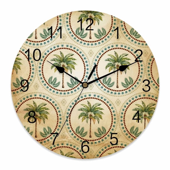 10 Inch Vintage Date Palm Trees Wall Clock, Summer Abstract Green Palm Tree Botanical Battery Operated Silent Non Ticking Clocks, Easy to Read Round Wall Clock for Kitchen/Living Room/Bedroom