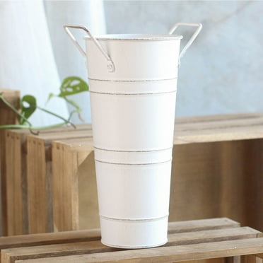 10 Inch Vintage Galvanized Flower Bucket, Metal Flower Vase Farmhouse French Bucket Planter, Metal Floral Container, Ideal for Dried Floral Arrangements at Home for Weddings Gift Spa(White)