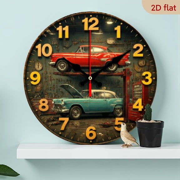 10-Inch Vintage Garage Wall Clock, Silent Quartz Mechanism, Classic Car Tool Motif (Red_Blue Wrench), Wooden Round Clock for Man Cave, Living Room - Ideal Gift for Car Lovers (AA Battery)