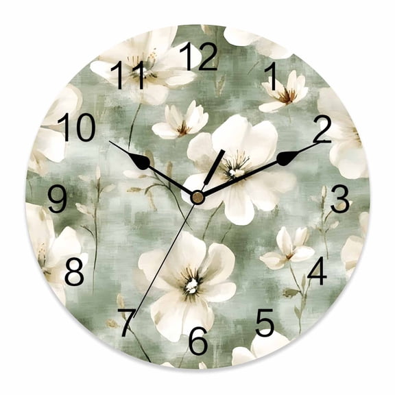 10 Inch Vintage Magnolia Wall Clock, White Blooming Flower Green Oil Painting Battery Operated Silent Non Ticking Clocks, Easy to Read Round Wall Clock for Kitchen/Living Room/Bedroom/Bathroom