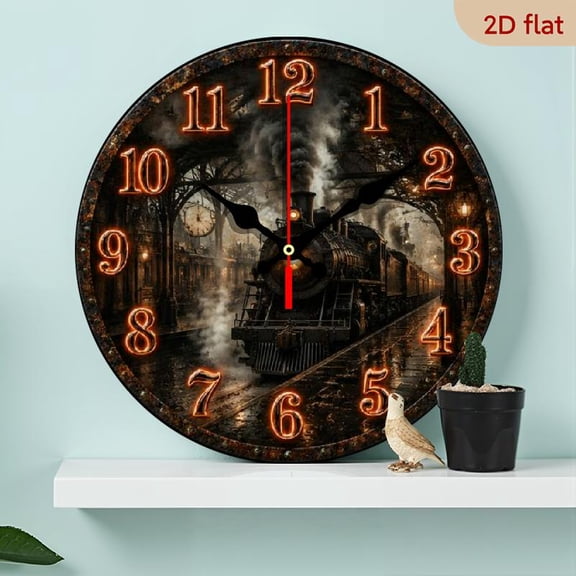 10 Inch Vintage Steam Train Wall Clock, Antique Locomotive Decor with Black Hands and Gold Numerals, Rustic Industrial Farmhouse Style, Durable Wood-Effect Round Clock for Rail Fans, Unique Tr