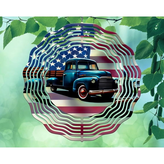 10 Inch Vintage Truck American Flag USA Wind Spinner Yard Decor Aluminum Sublimated Garden Art Indoor Outdoor 3D Kinetic