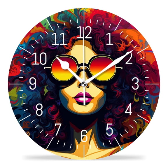 10 Inch Wall Clock Battery Operated Silent Clock Decorative for Office, Kitchen, Outdoor, Living Room，African American Curly Hair Woman Peace Multicolor