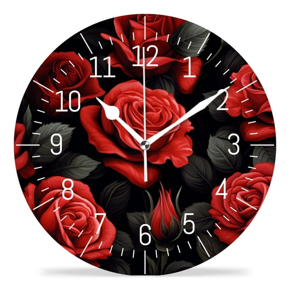 10 Inch Wall Clock Battery Operated Silent Clock Decorative for Office, Kitchen, Outdoor, Living Room,Beautiful Red Rose Flowers on Black Background Print
