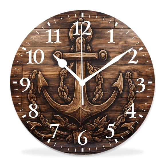 10 Inch Wall Clock Battery Operated Silent Clock Decorative for Office, Kitchen, Outdoor, Living RoomBrown and White Hand Drawing Boating Sketch Rustic Wooden Drawing