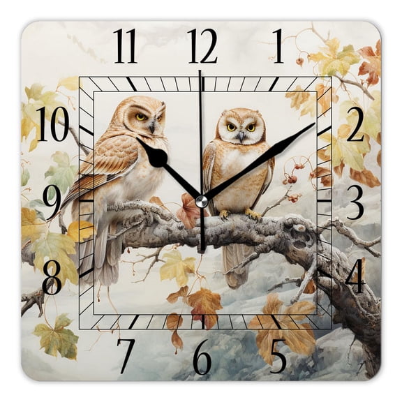 10 Inch Wall Clock Battery Operated Silent Clock Decorative for Office, Kitchen, Outdoor, Living Room，Cartoon Owl Bird Mushroom Autumn Maple Leaves Painting