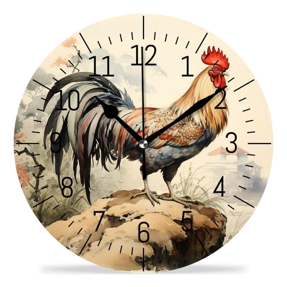 10 Inch Wall Clock Battery Operated Silent Clock Decorative for Office, Kitchen, Outdoor, Living RoomChinese Rooster Oil Painting Watercolor Beautiful