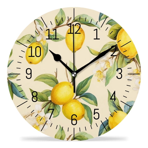 10 Inch Wall Clock Battery Operated Silent Clock Decorative for Office, Kitchen, Outdoor, Living RoomCitrus Fruit Lemons with Green Leaves And Flowers Exquisite