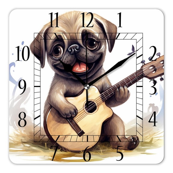 10 Inch Wall Clock Battery Operated Silent Clock Decorative for Office, Kitchen, Outdoor, Living RoomCute Pug Dog with Guitar Love Heart Music Notes Multicolor