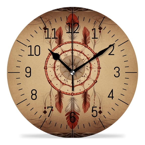 10 Inch Wall Clock Battery Operated Silent Clock Decorative for Office, Kitchen, Outdoor, Living Room，Dream Catcher Tribal Ethnic Feathers Beautiful Pattern