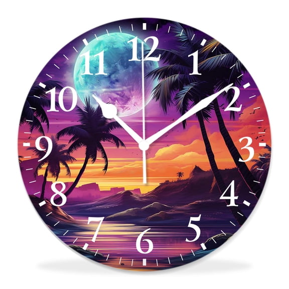 10 Inch Wall Clock Battery Operated Silent Clock Decorative for Office, Kitchen, Outdoor, Living RoomIsland Py Full Moon Sky Above Coconut Palm Trees Beach Creative