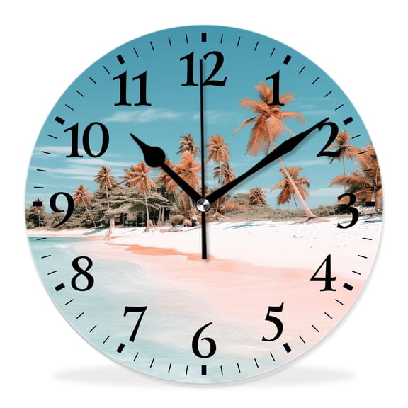 10 Inch Wall Clock Battery Operated Silent Clock Decorative for Office, Kitchen, Outdoor, Living RoomOcean Beach Palm Tree Blue Sky White Cloud Tropical Summer Style