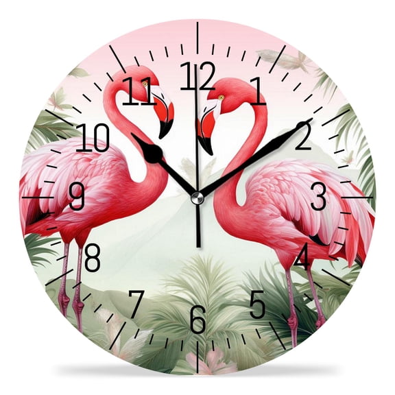 10 Inch Wall Clock Battery Operated Silent Clock Decorative for Office, Kitchen, Outdoor, Living RoomPalm Leaf Tropical Plant Pink Flamingo Exquisite