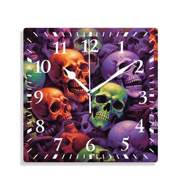 10 Inch Wall Clock Battery Operated Silent Clock Decorative for Office, Kitchen, Outdoor, Living RoomSkull Pattern Trend Colors Purple Orange Blue Beautiful