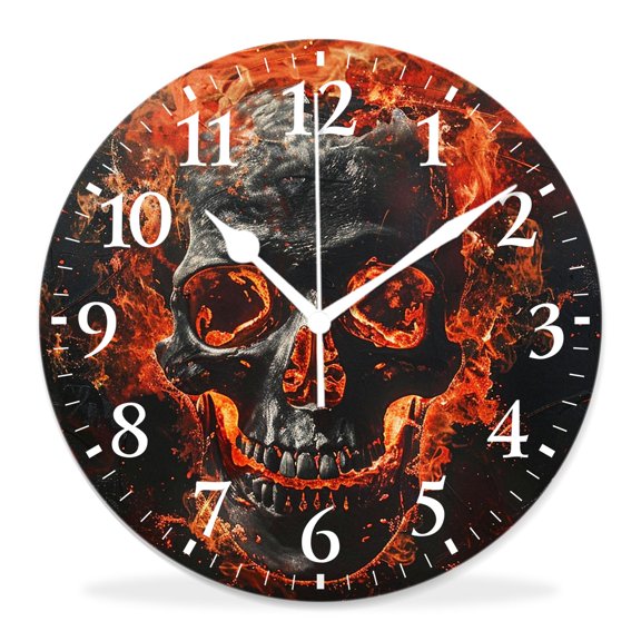 10 Inch Wall Clock Battery Operated Silent Clock Decorative for Office, Kitchen, Outdoor, Living RoomSmoke Fire Skull in Flame Day of The Dead on Blackpretty