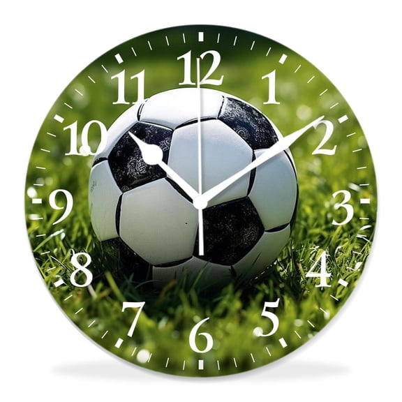 10 Inch Wall Clock Battery Operated Silent Clock Decorative for Office, Kitchen, Outdoor, Living Room，Soccer Football Grass Field and Ball on Center Lovely