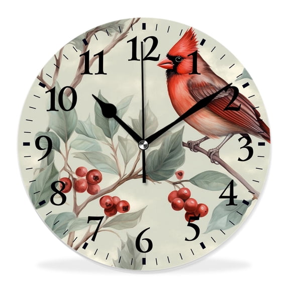 10 Inch Wall Clock Battery Operated Silent Clock Decorative for Office, Kitchen, Outdoor, Living Room，Watercolor Christmas Bird Pattern Branch Plant Pattern