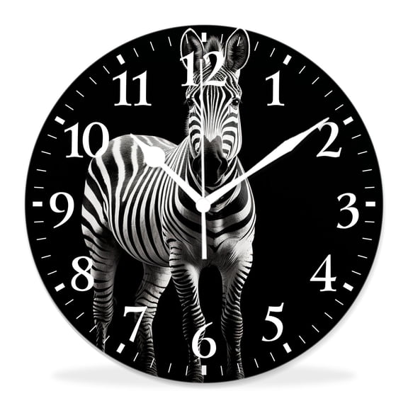 10 Inch Wall Clock Battery Operated Silent Clock Decorative for Office, Kitchen, Outdoor, Living RoomZebra Head Wild Animal with Black White Striped on Black Design
