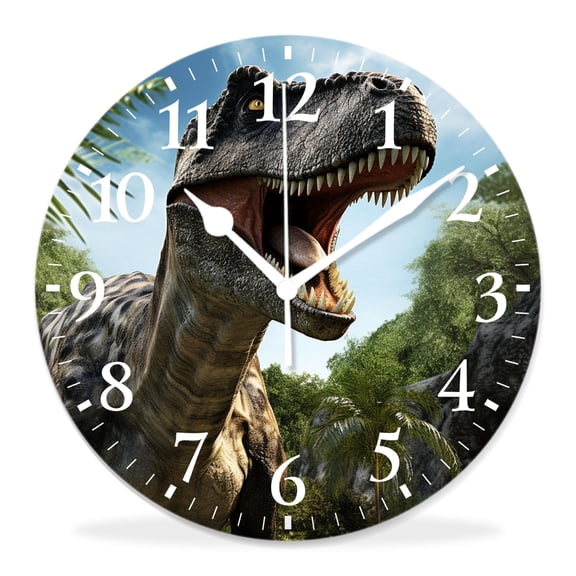 10 Inch Wall Clock Battery Operated Silent Clock Decorative for Office, Kitchen, Outdoor, Living RoomGiant Dinosaurs Destroying The Park Graceful Drawing