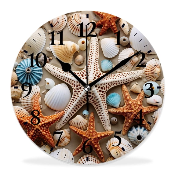 10 Inch Wall Clock Battery Operated Silent Clock Decorative for Office, Kitchen, Outdoor, Living RoomMarine Sea Life Nautical Theme Seashell Starfish on Turquoise Blue Wooden Print