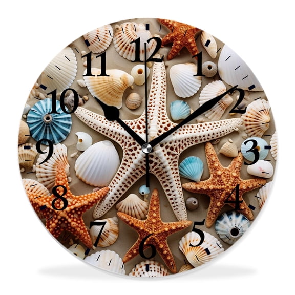 10 Inch Wall Clock Battery Operated Silent Clock Decorative for Office, Kitchen, Outdoor, Living RoomMarine Sea Life Nautical Theme Seashell Starfish on Turquoise Blue Wooden Print
