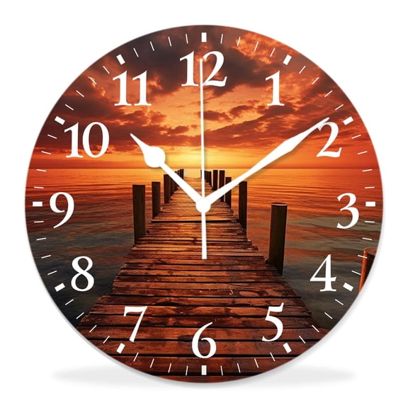 10 Inch Wall Clock Battery Operated Silent Clock Decorative for Office, Kitchen, Outdoor, Living RoomOrange Old Rustic Pier on The Beach and Romantic Beautiful