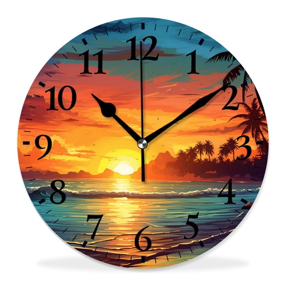 10 Inch Wall Clock Battery Operated Silent Clock Decorative for Office, Kitchen, Outdoor, Living RoomOrange Sunset View Seashore Beach Palms Tree Beautiful Drawings