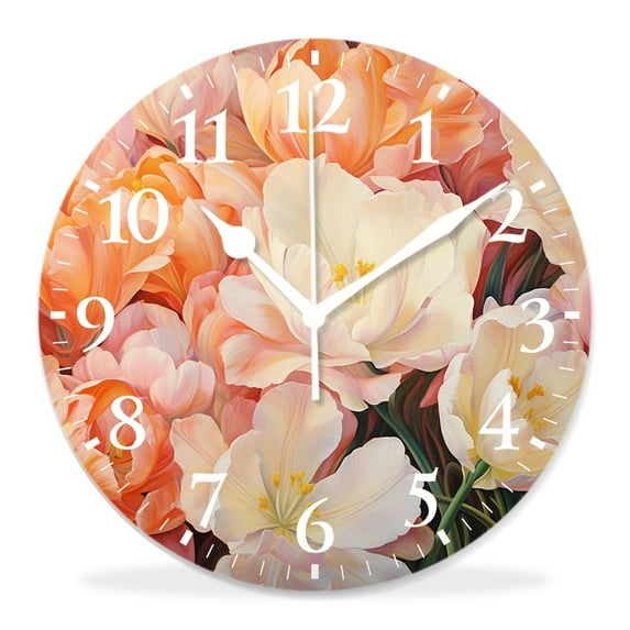 10 Inch Wall Clock Battery Operated Silent Clock Decorative for Office, Kitchen, Outdoor, Living RoomOrange Tulip with Flower Nature Botanical Spring Floral Adorable