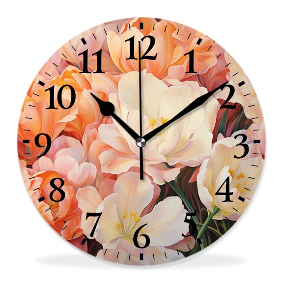 10 Inch Wall Clock Battery Operated Silent Clock Decorative for Office, Kitchen, Outdoor, Living RoomOrange Tulip with Flower Nature Botanical Spring Floral Adorable