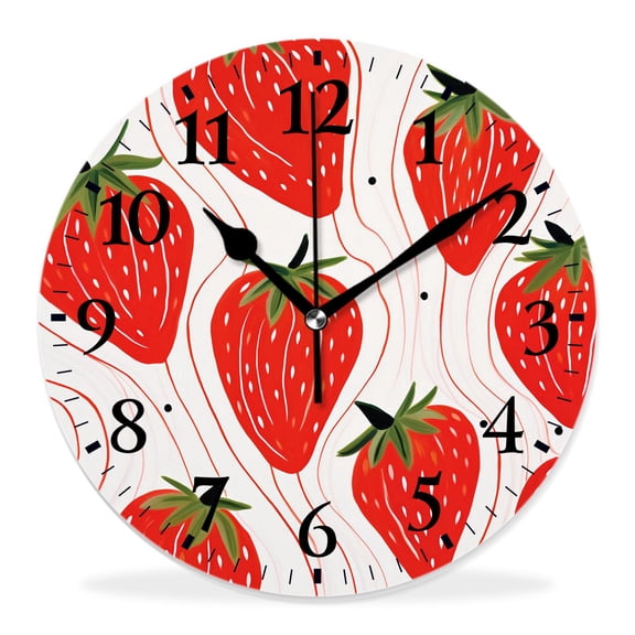 10 Inch Wall Clock Battery Operated Silent Clock Decorative for Office, Kitchen, Outdoor, Living RoomRed Strawberry Pattern Fruit Design on White Beautiful