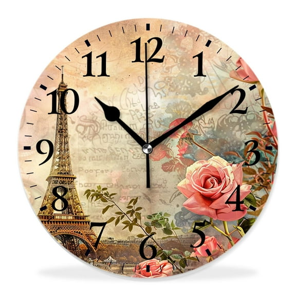 10 Inch Wall Clock Battery Operated Silent Clock Decorative for Office, Kitchen, Outdoor, Living RoomRomantic Paris Eiffel Tower Floral Flowers Elegant