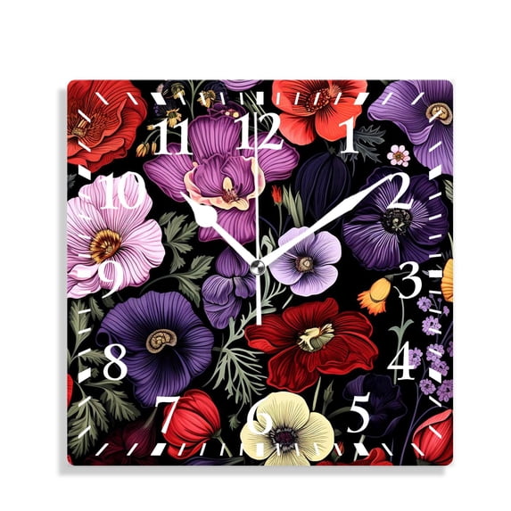 10 Inch Wall Clock Battery Operated Silent Clock Decorative for Office, Kitchen, Outdoor, Living RoomSpring Wild Flowers Red Poppy and Blue Flowers Art