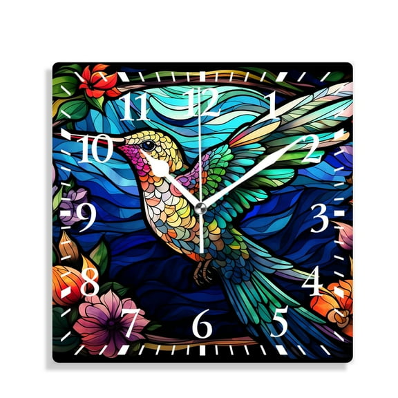 10 Inch Wall Clock Battery Operated Silent Clock Decorative for Office, Kitchen, Outdoor, Living RoomStained Glass Style with Colorful Hummingbird Beautiful