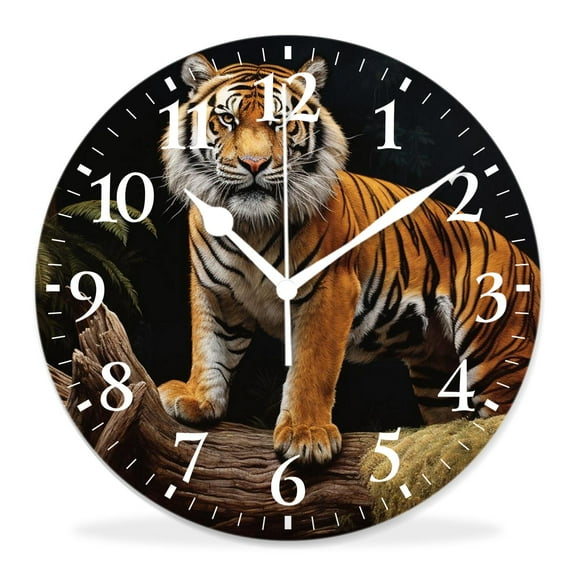 10 Inch Wall Clock Battery Operated Silent Clock Decorative for Office, Kitchen, Outdoor, Living RoomTiger in The forest Standing and Gazing at The Camera Print