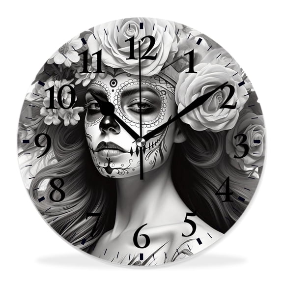 10 Inch Wall Clock Battery Operated Silent Clock Decorative for Office, Kitchen, Outdoor, Living RoomVintage Day of The Dead Skull Girl and Flower Black and White Painting